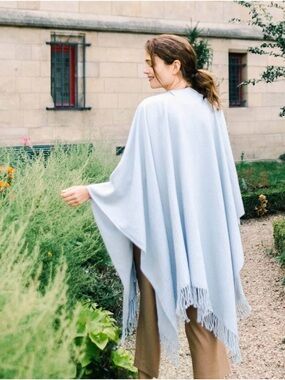Mersea Light Blue Fringe Classic Travel Wrap Shawl Poncho O/S